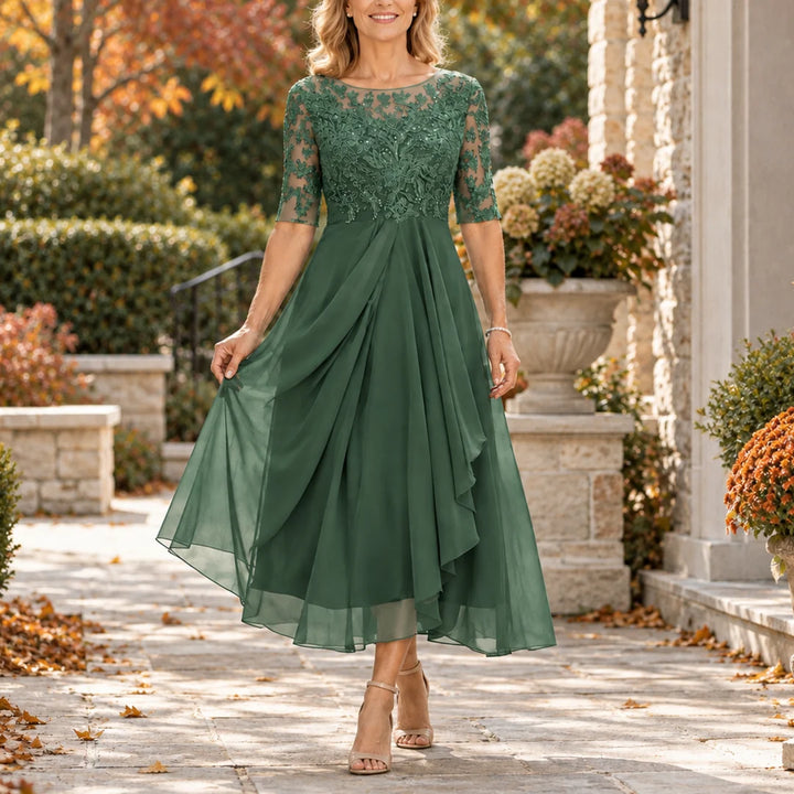 Mariah | Lace Bodice Draped Midi Dress