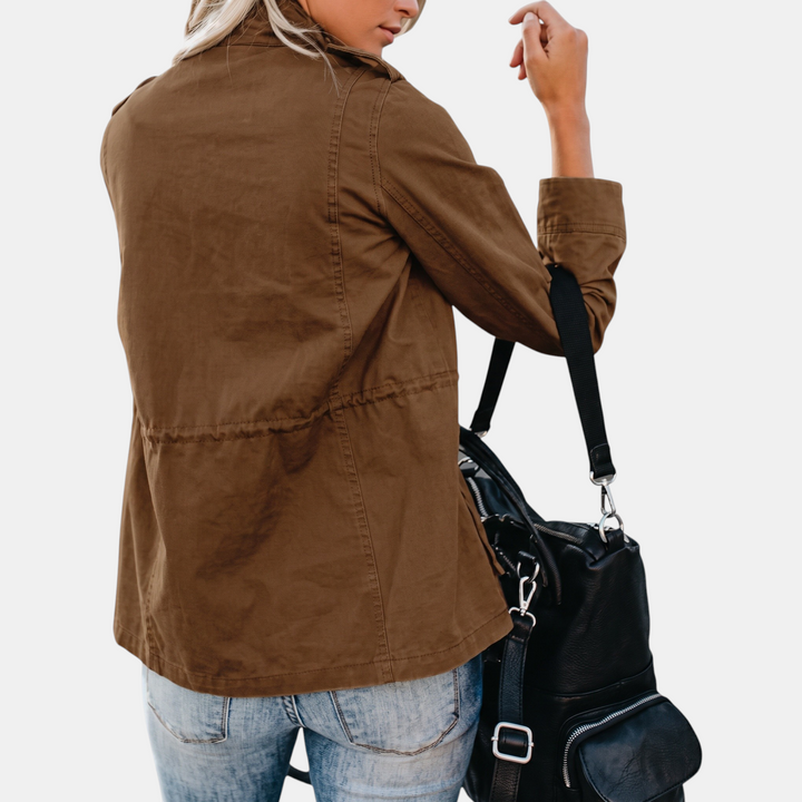 Women's Utility Cargo Jacket with Multi Pocket Drawstring Waist