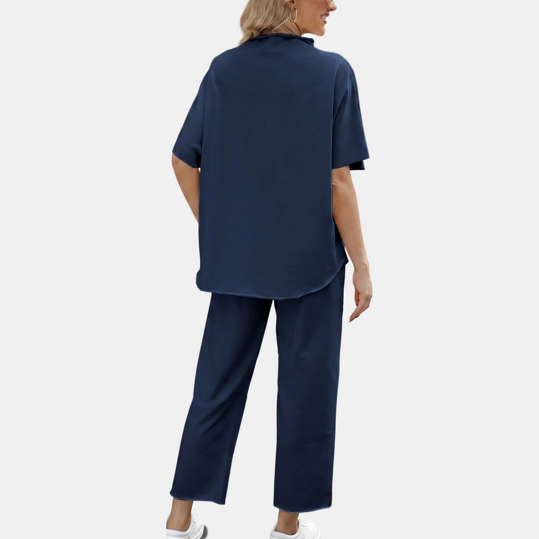 Women's Mock Neck Lounge Set Wide Leg Cropped Pants