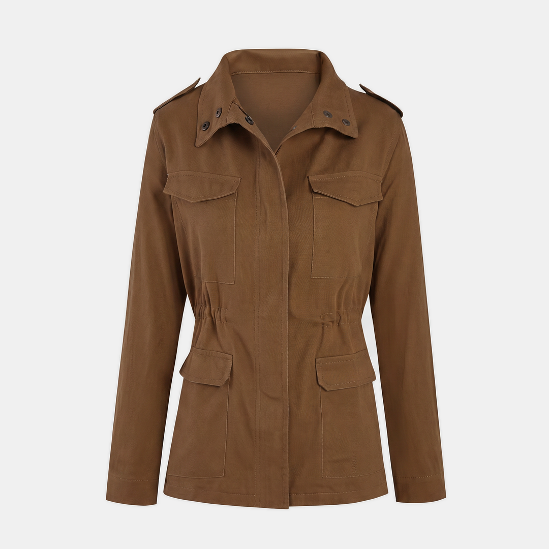 Women's Utility Cargo Jacket with Multi Pocket Drawstring Waist