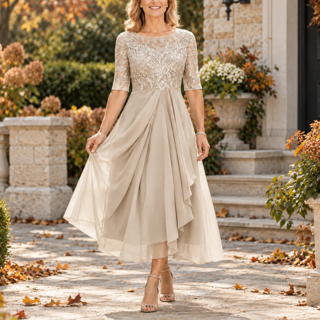 Mariah | Lace Bodice Draped Midi Dress