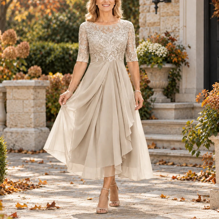 Mariah | Lace Bodice Draped Midi Dress