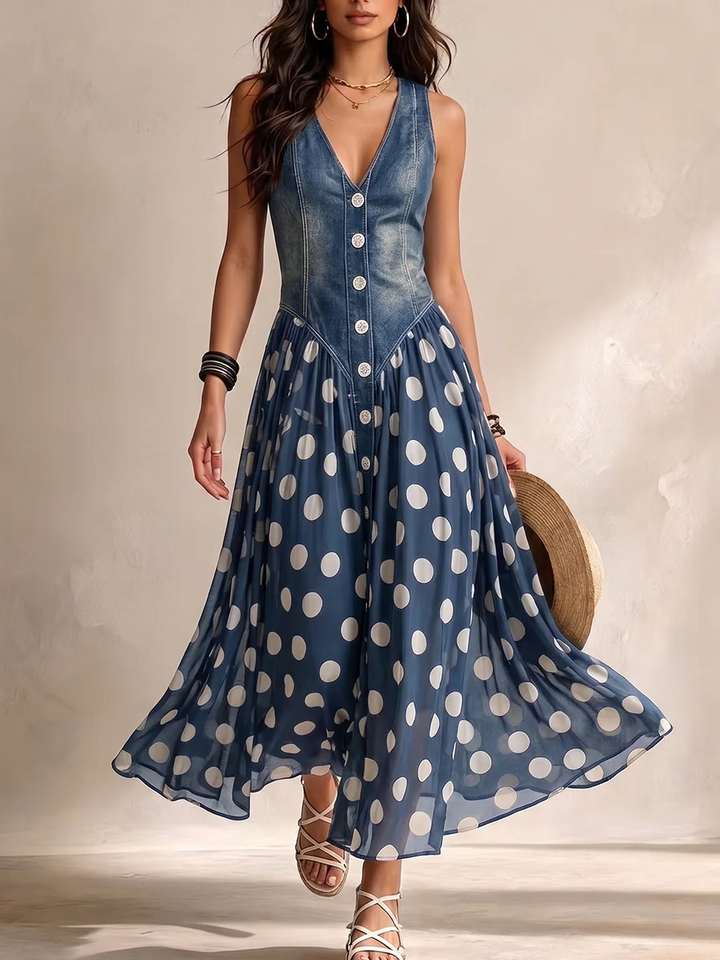 Jasmin | Denim Dress With Polka Dot Chiffon Skirt