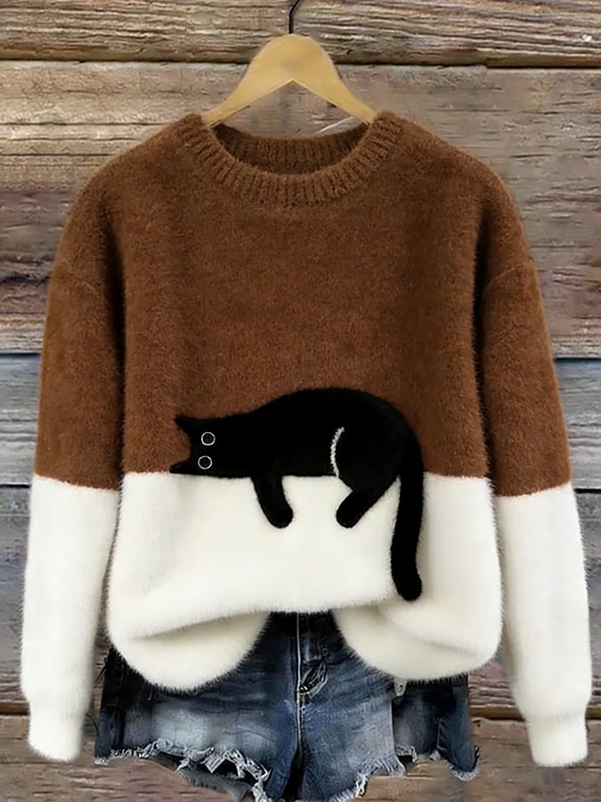 Aileen | Elegant Cat Print Oversized Sweater