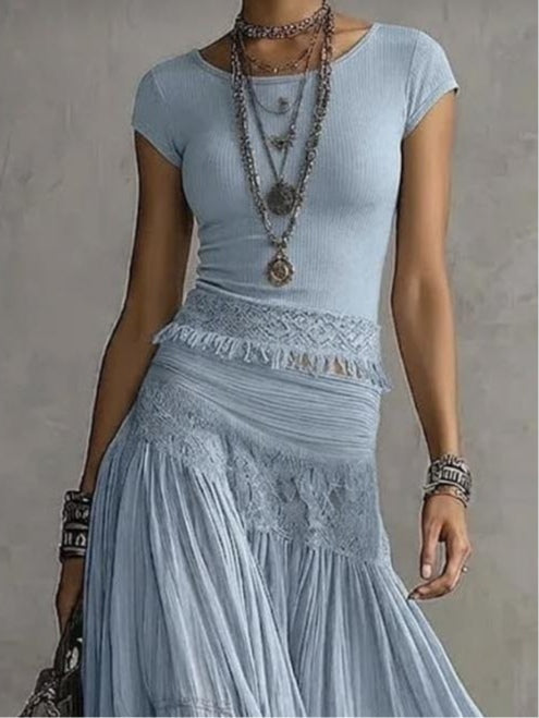 Blue Lace-Paneled Top And Pleated Maxi Skirt Set