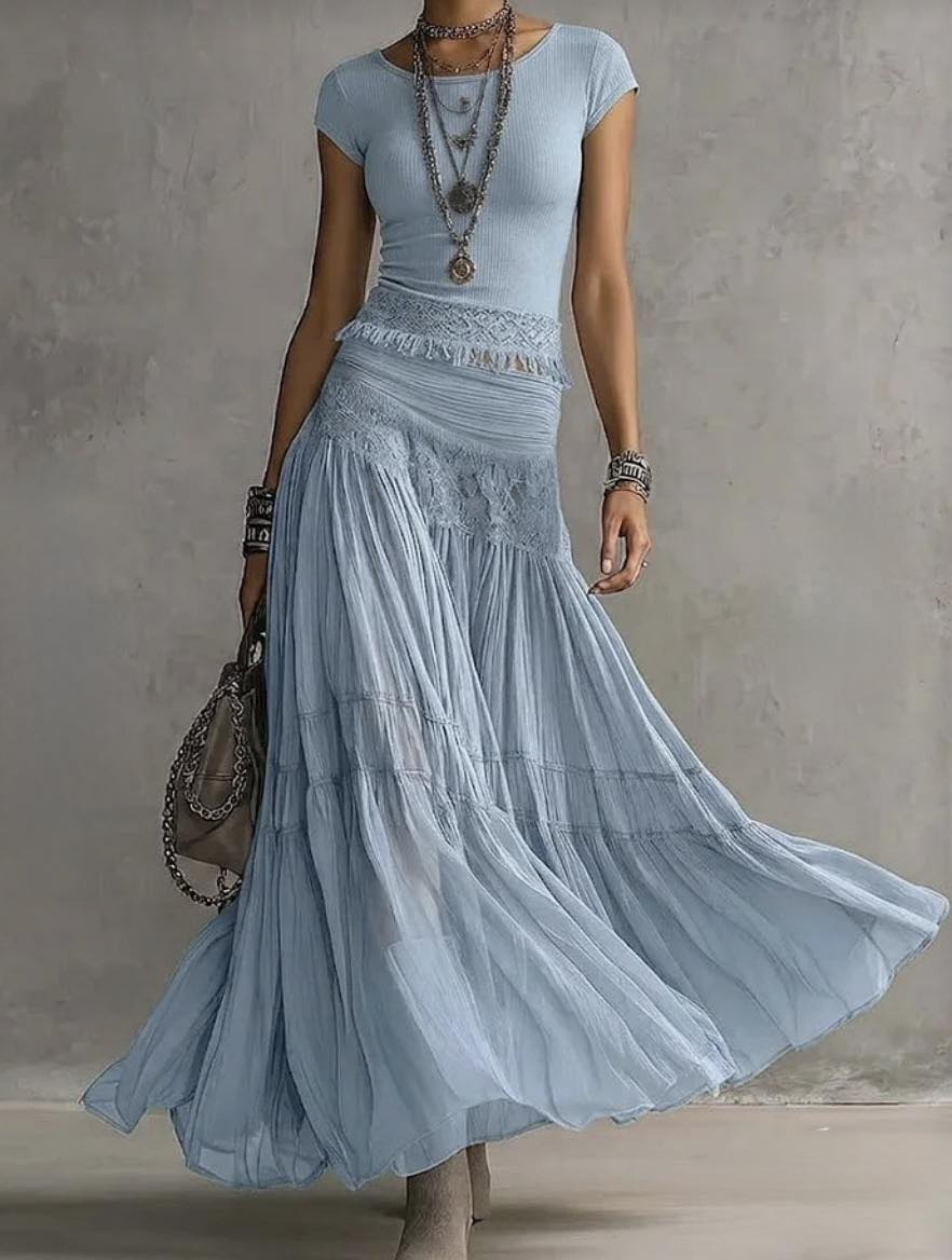 Blue Lace-Paneled Top And Pleated Maxi Skirt Set