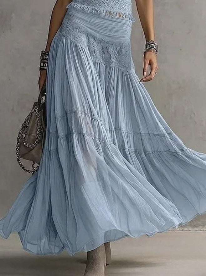Blue Lace-Paneled Top And Pleated Maxi Skirt Set
