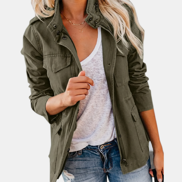 Women's Utility Cargo Jacket with Multi Pocket Drawstring Waist