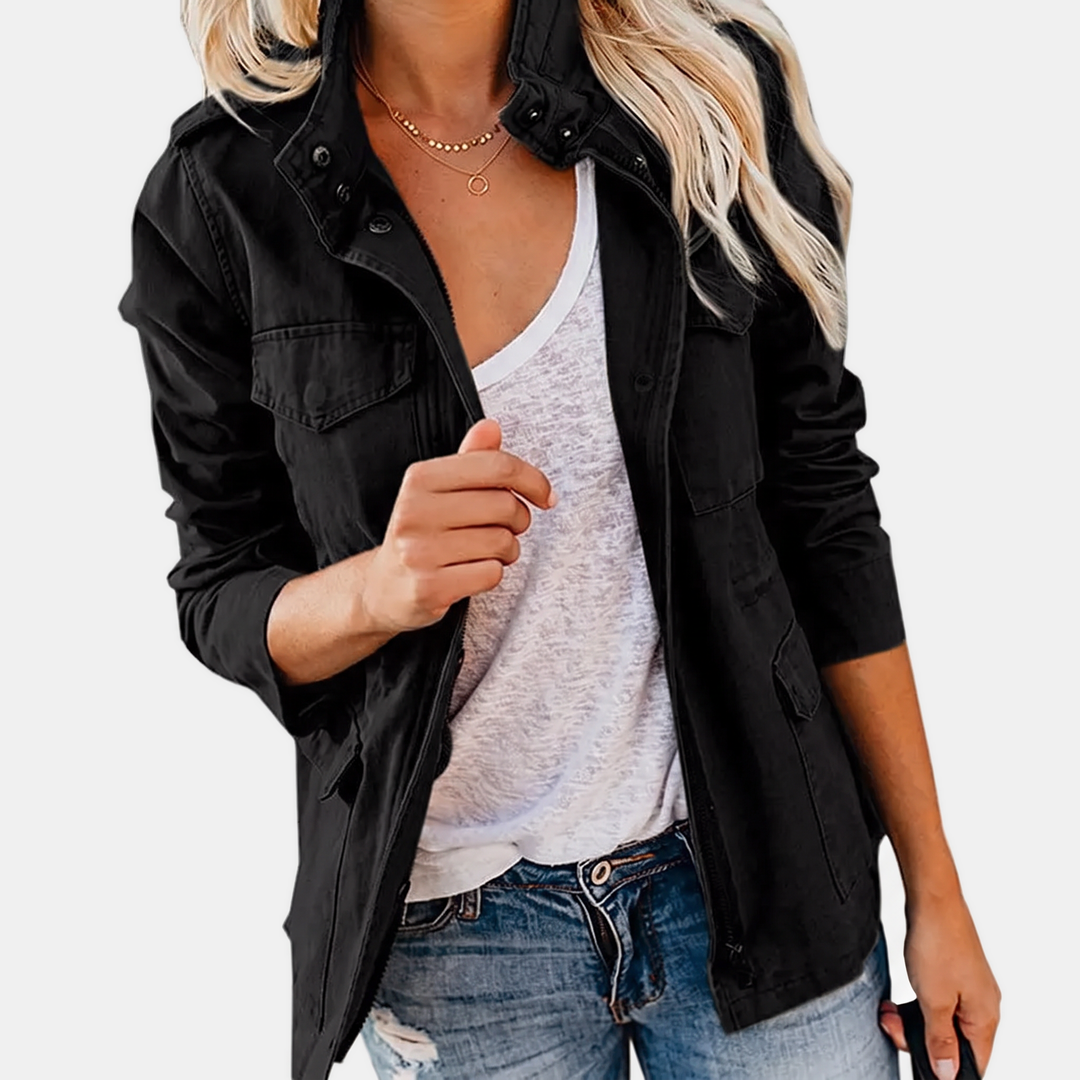 Women's Utility Cargo Jacket with Multi Pocket Drawstring Waist
