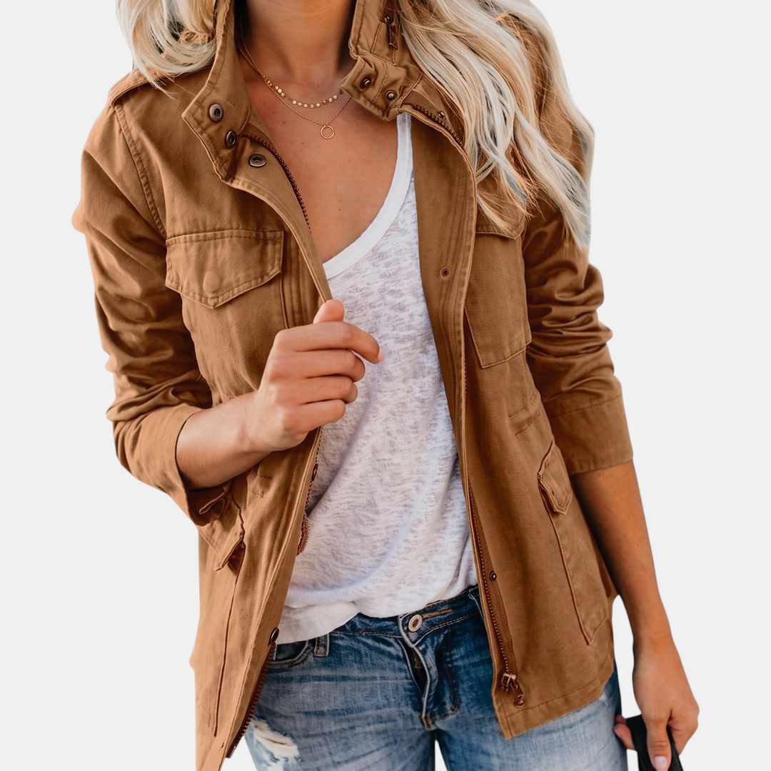 Women's Utility Cargo Jacket with Multi Pocket Drawstring Waist