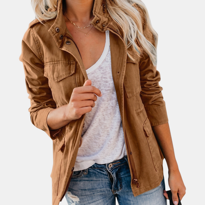 Women's Utility Cargo Jacket with Multi Pocket Drawstring Waist