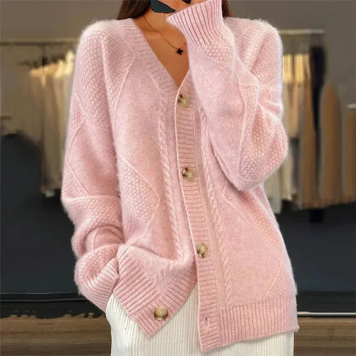 Aaliyah | Button Front V-Neck Cardigan with Diamond Knit Detail, Everyday Layer
