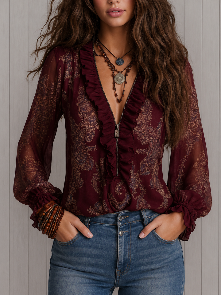 Elise | Baroque Paisley Ruffle-Neck Long-Sleeve Blouse