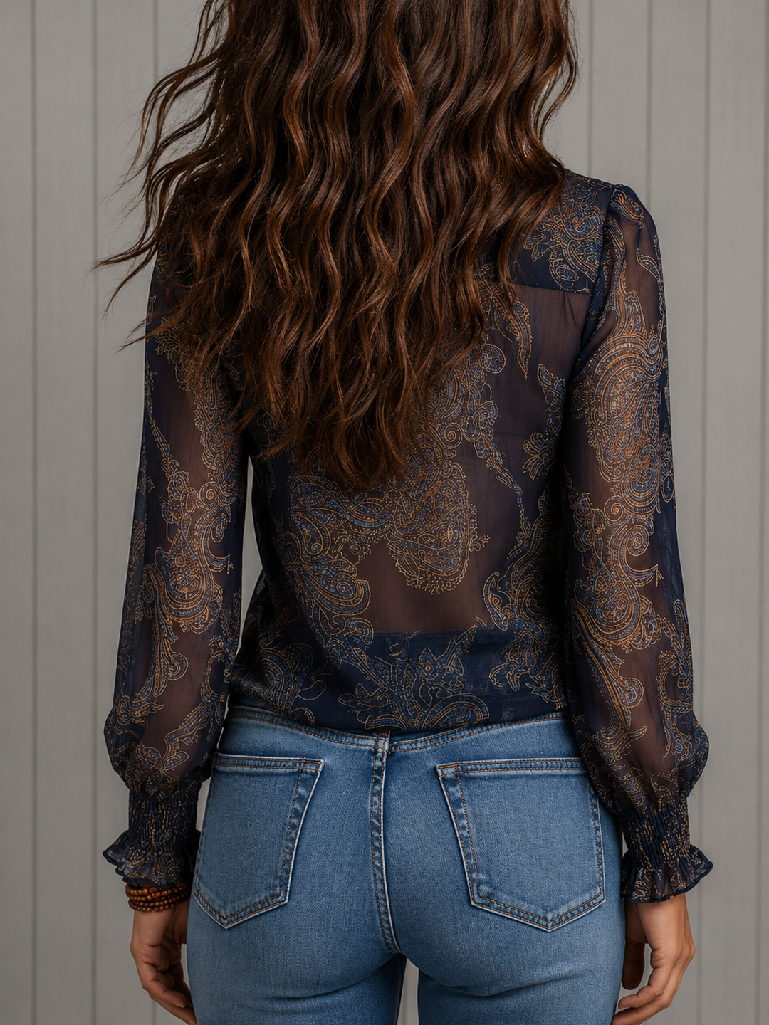 Elise | Baroque Paisley Ruffle-Neck Long-Sleeve Blouse