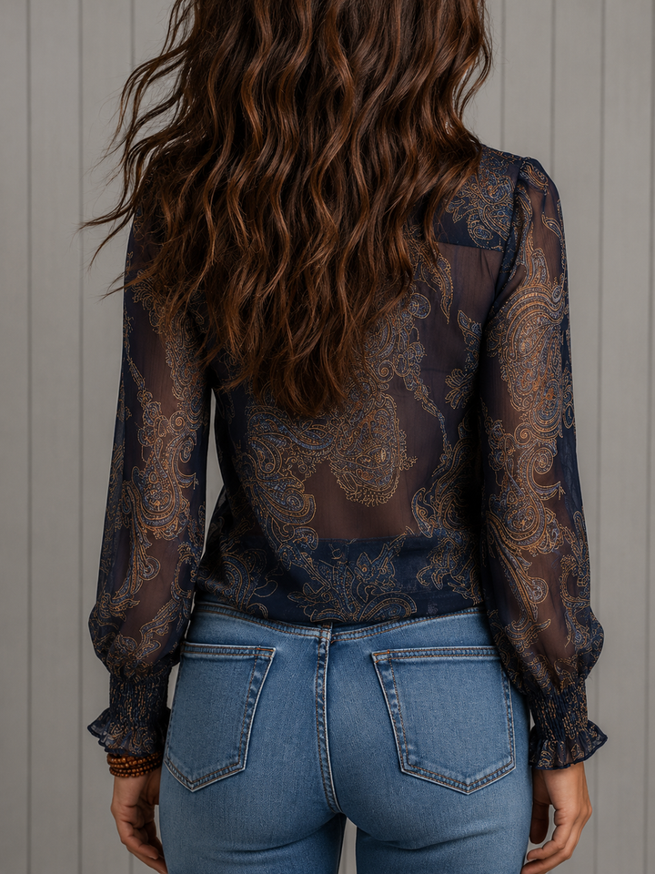 Elise | Baroque Paisley Ruffle-Neck Long-Sleeve Blouse