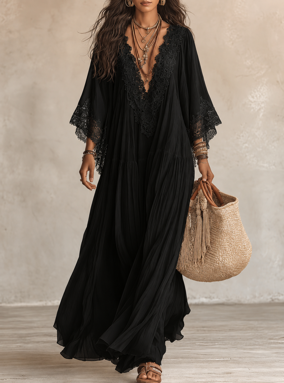 Celestina | Lace Trim Chiffon Maxi Dress