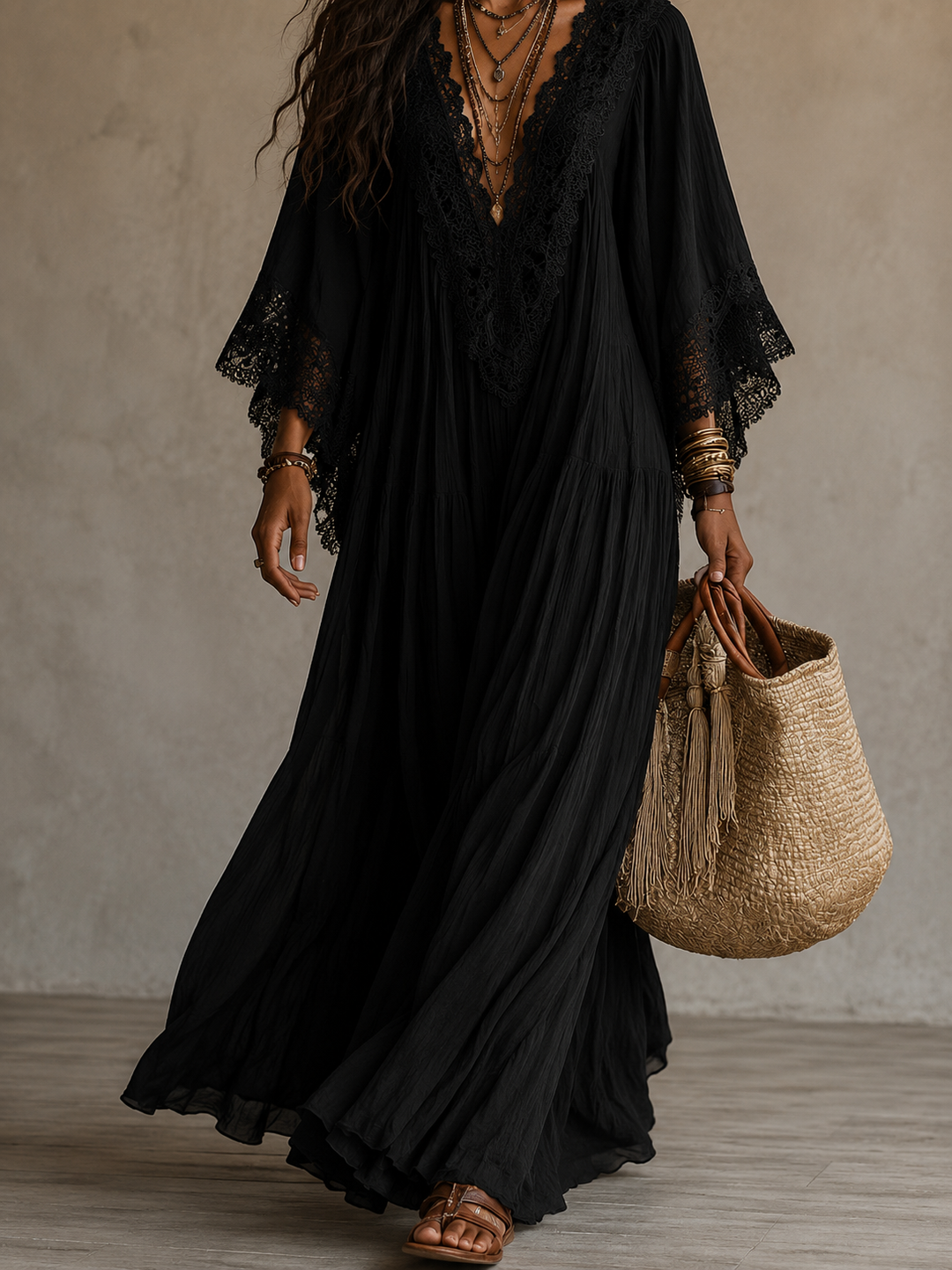 Celestina | Lace Trim Chiffon Maxi Dress