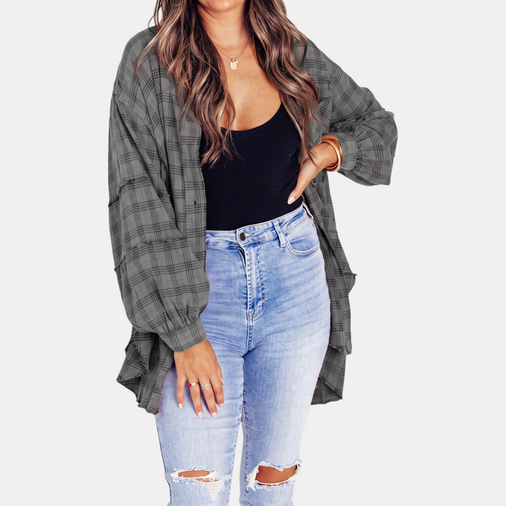 Women's Raw Hem Flannel Shirt Oversized Long Sleeve Blouse