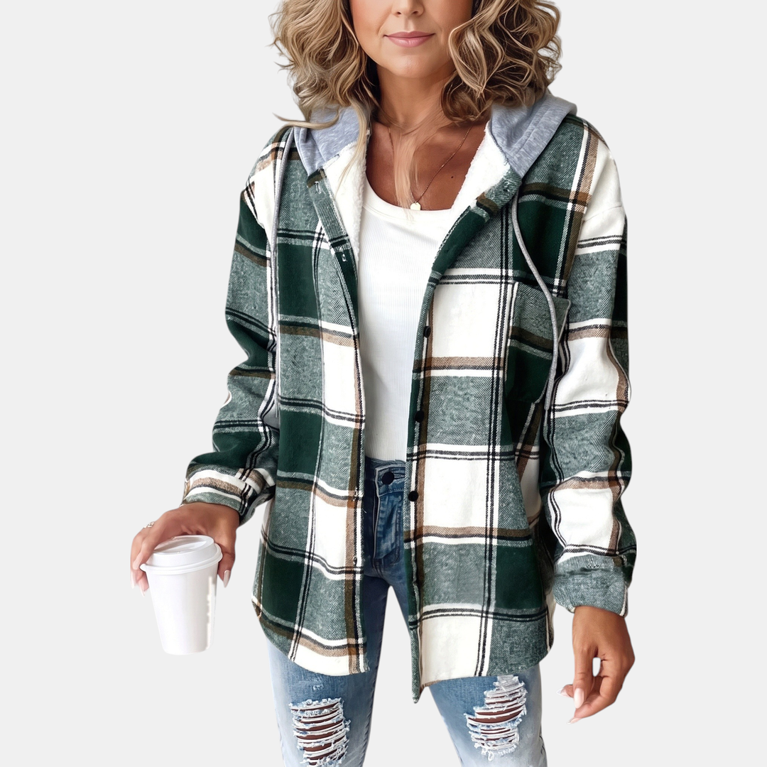 Women's Hooded Button Front Plaid Shacket Jacket