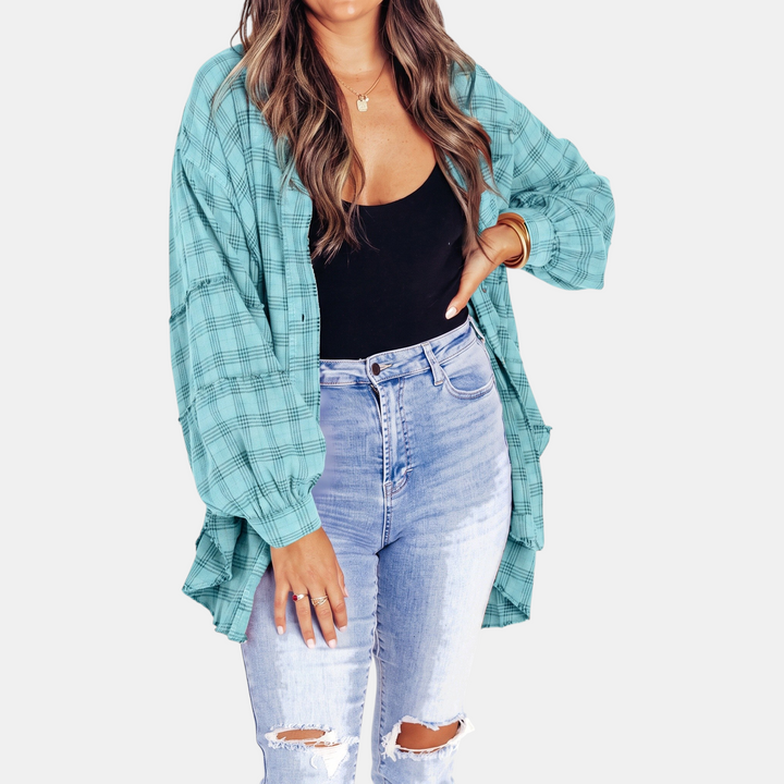 Women's Raw Hem Flannel Shirt Oversized Long Sleeve Blouse