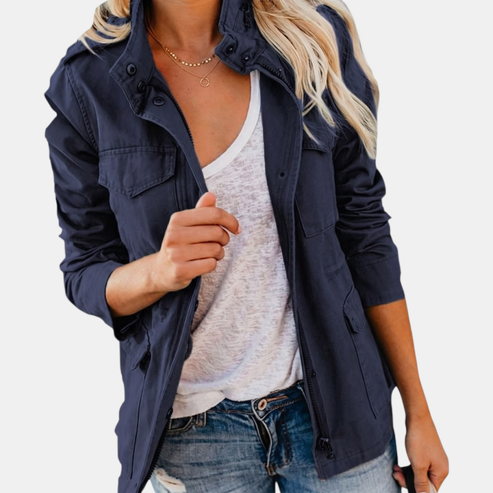 Women's Utility Cargo Jacket with Multi Pocket Drawstring Waist