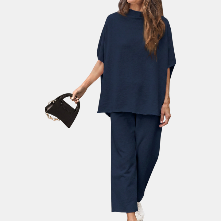 Women's Mock Neck Lounge Set Wide Leg Cropped Pants