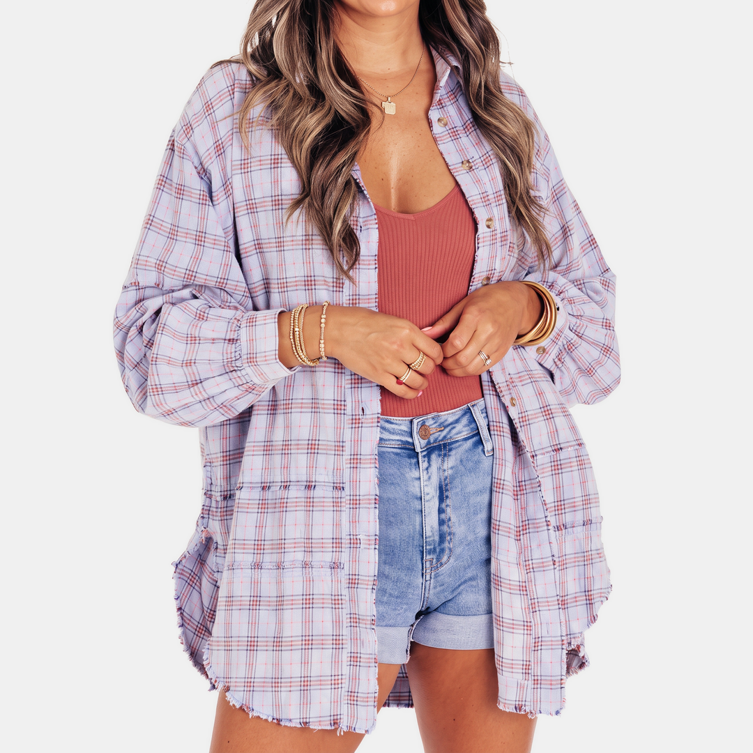Women's Raw Hem Flannel Shirt Oversized Long Sleeve Blouse