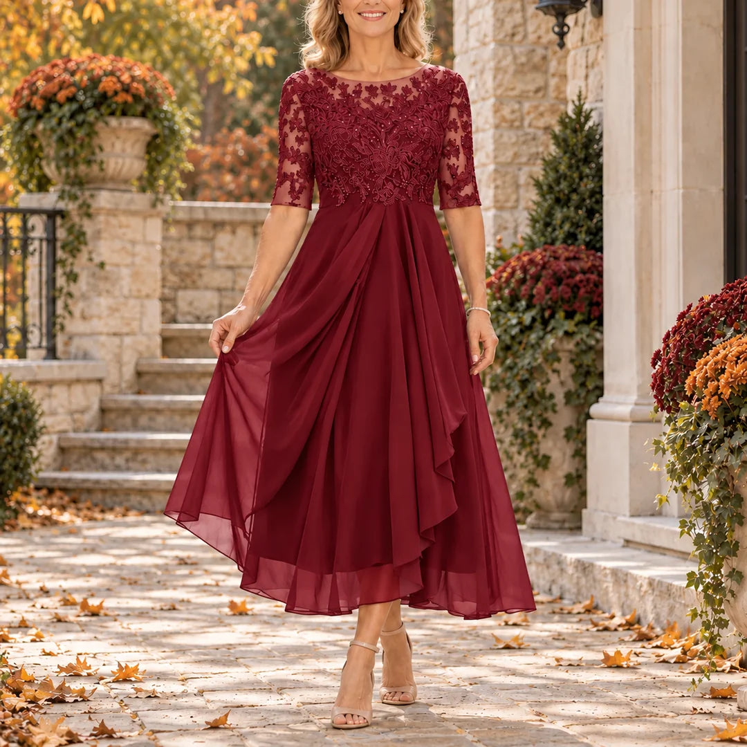 Mariah | Lace Bodice Draped Midi Dress