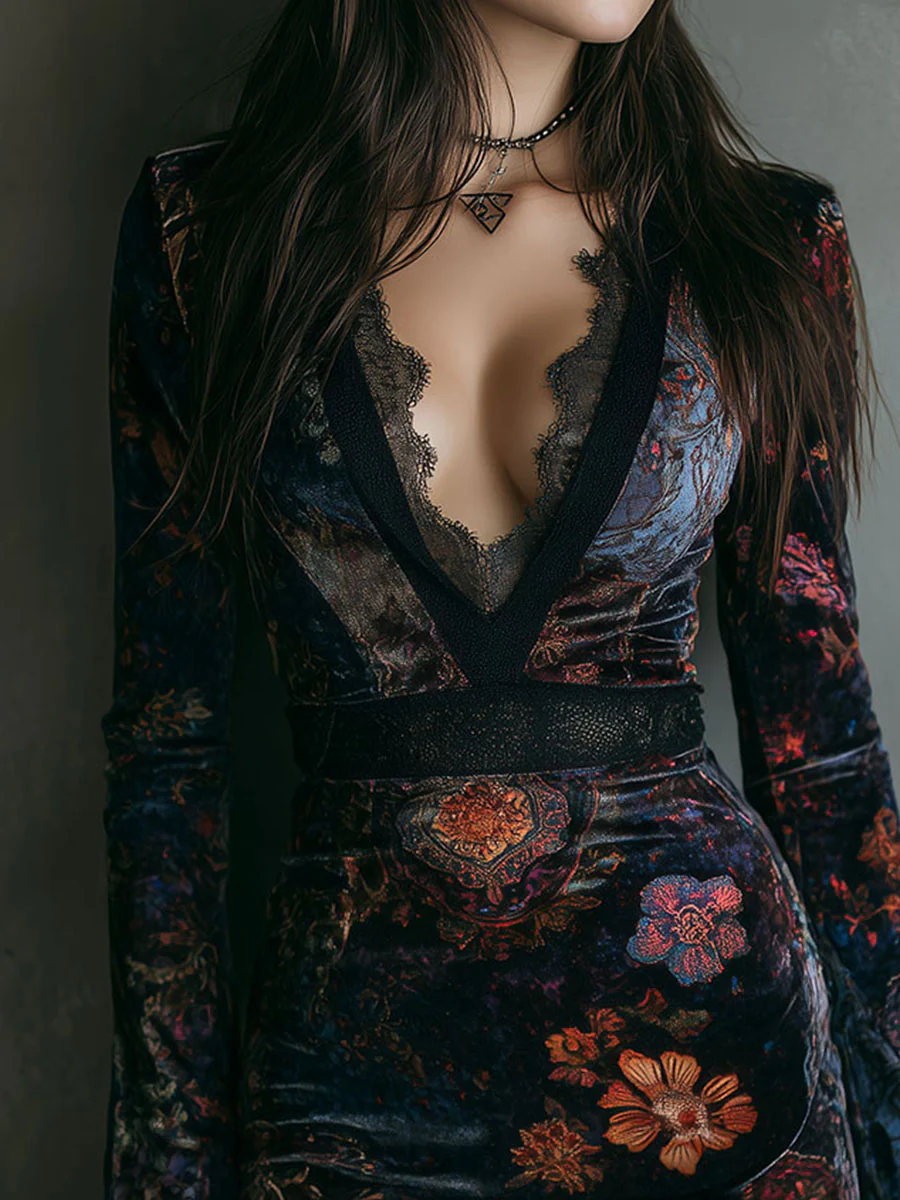 Floral Print V-Neck Velvet Lace Trim Slim-Fit Mini Dress