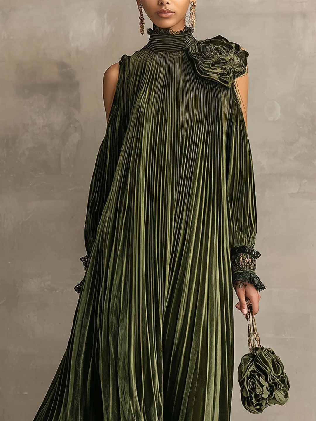 Caroline | Pleated Floral-Shoulder Maxi Dress