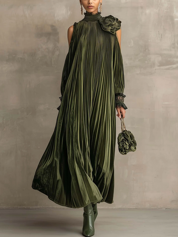 Caroline | Pleated Floral-Shoulder Maxi Dress