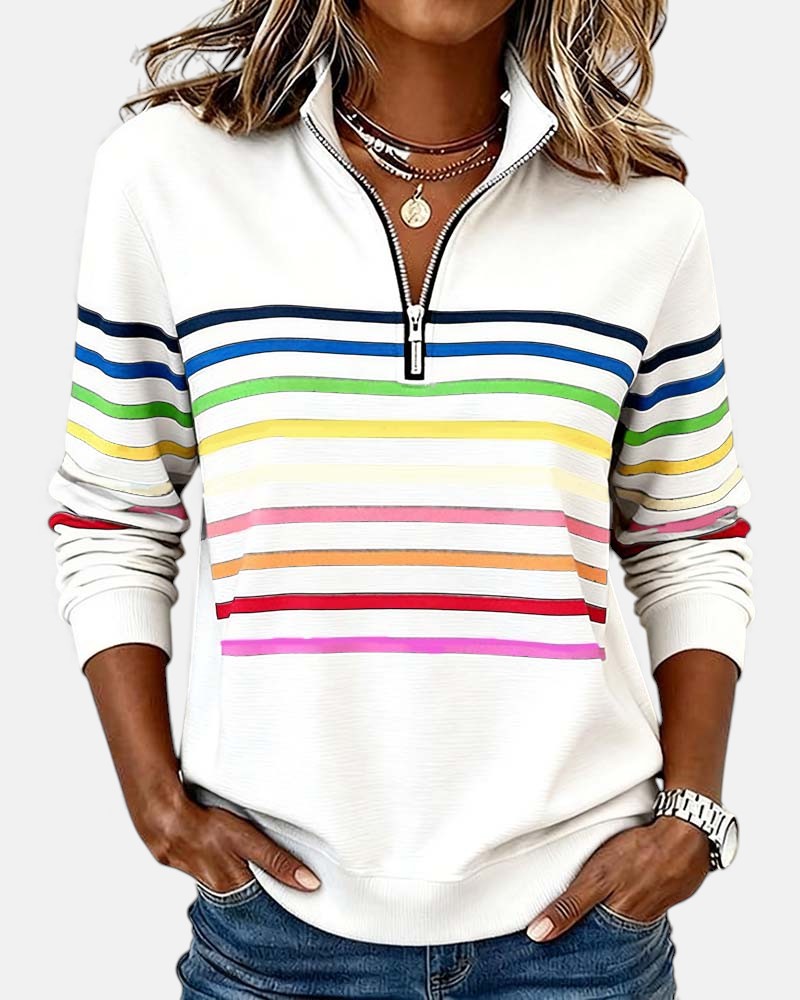 Serena | Rainbow Striped Zip-Up Sweatshirt