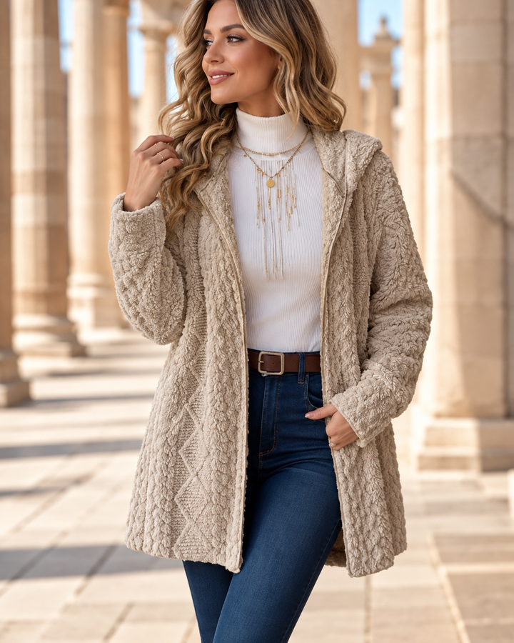 Sandra™ | Knit Cardigan with Hood and Cable Pattern