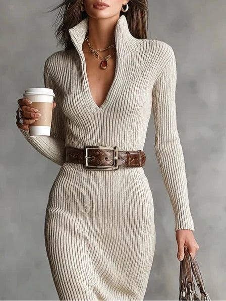 Clara | Ribbed Knit V-Neck Dress With Belt