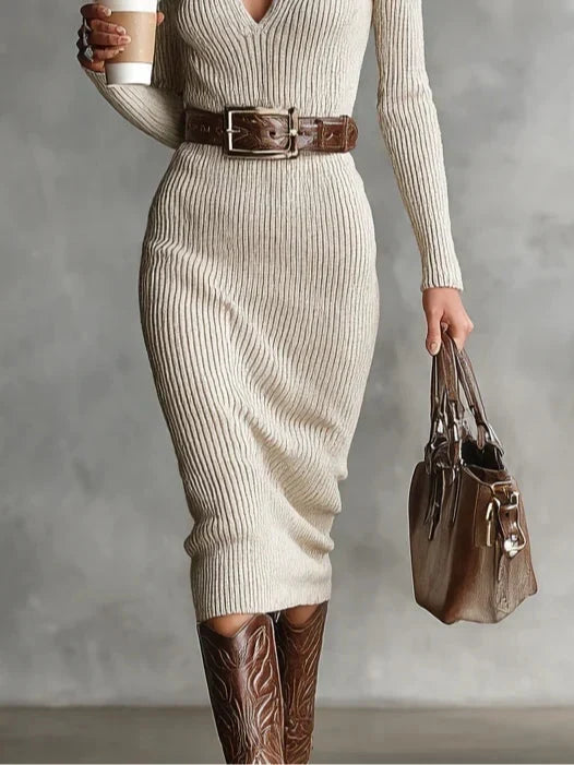 Clara | Ribbed Knit V-Neck Dress With Belt