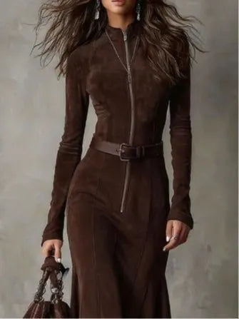 Brown Vintage Zipper Belted Midi Dress