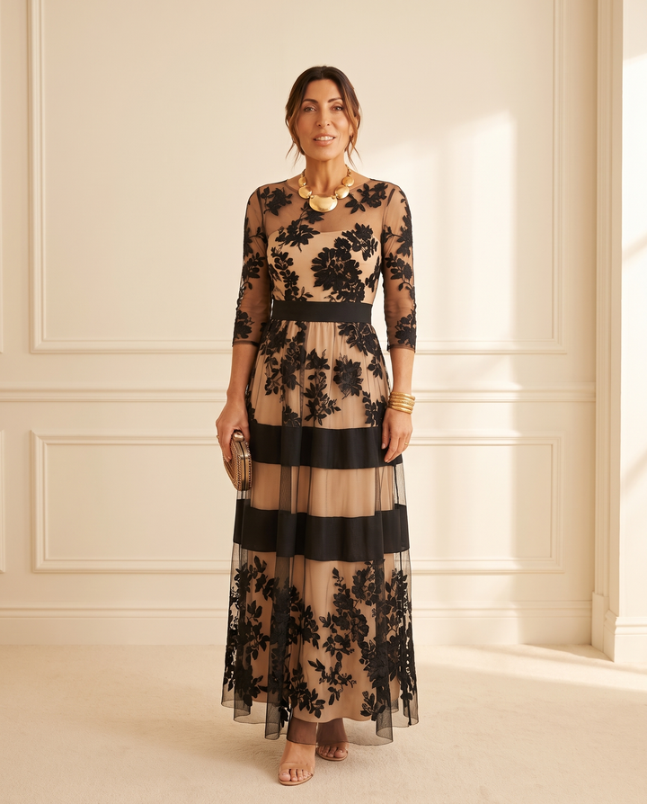 Josephine | Elegant Black Lace Midi A-Line Dress
