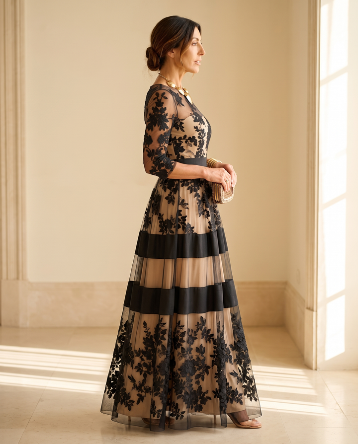 Josephine | Elegant Black Lace Midi A-Line Dress