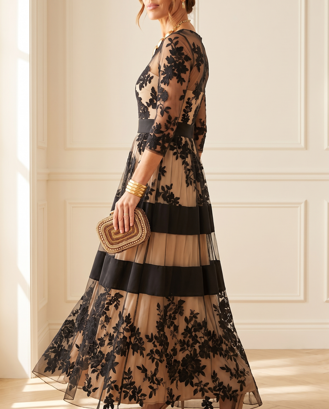 Josephine | Elegant Black Lace Midi A-Line Dress