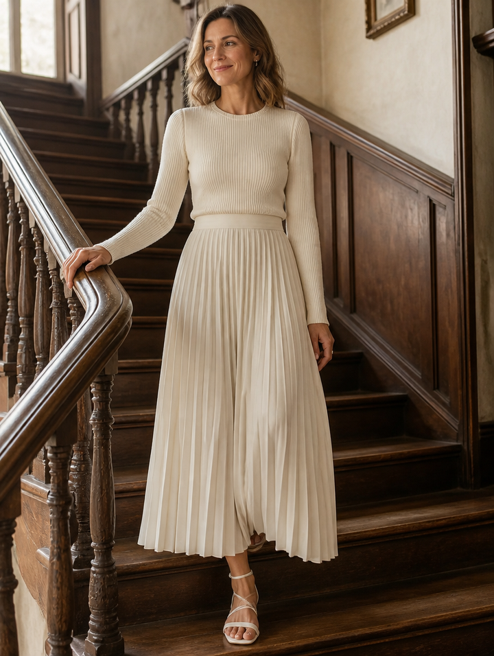Charlotte | Ribbed Knit Top and Pleated Midi Skirt Set
