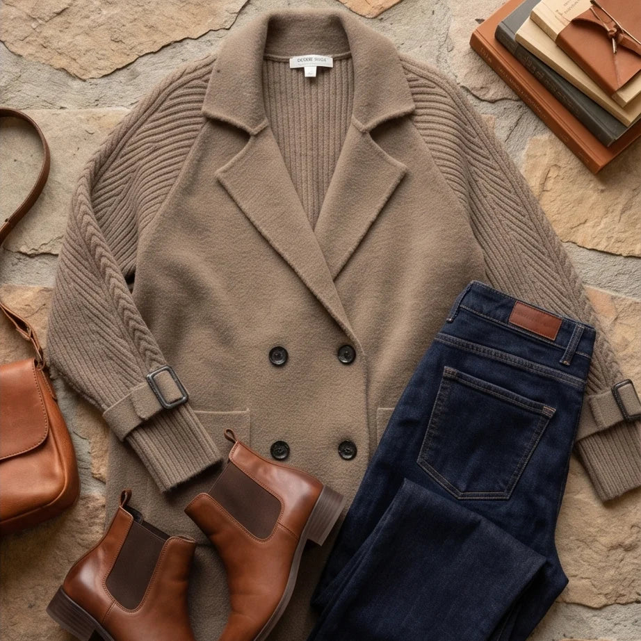 Matilda | Double-Breasted Knit-Sleeve Long Coat