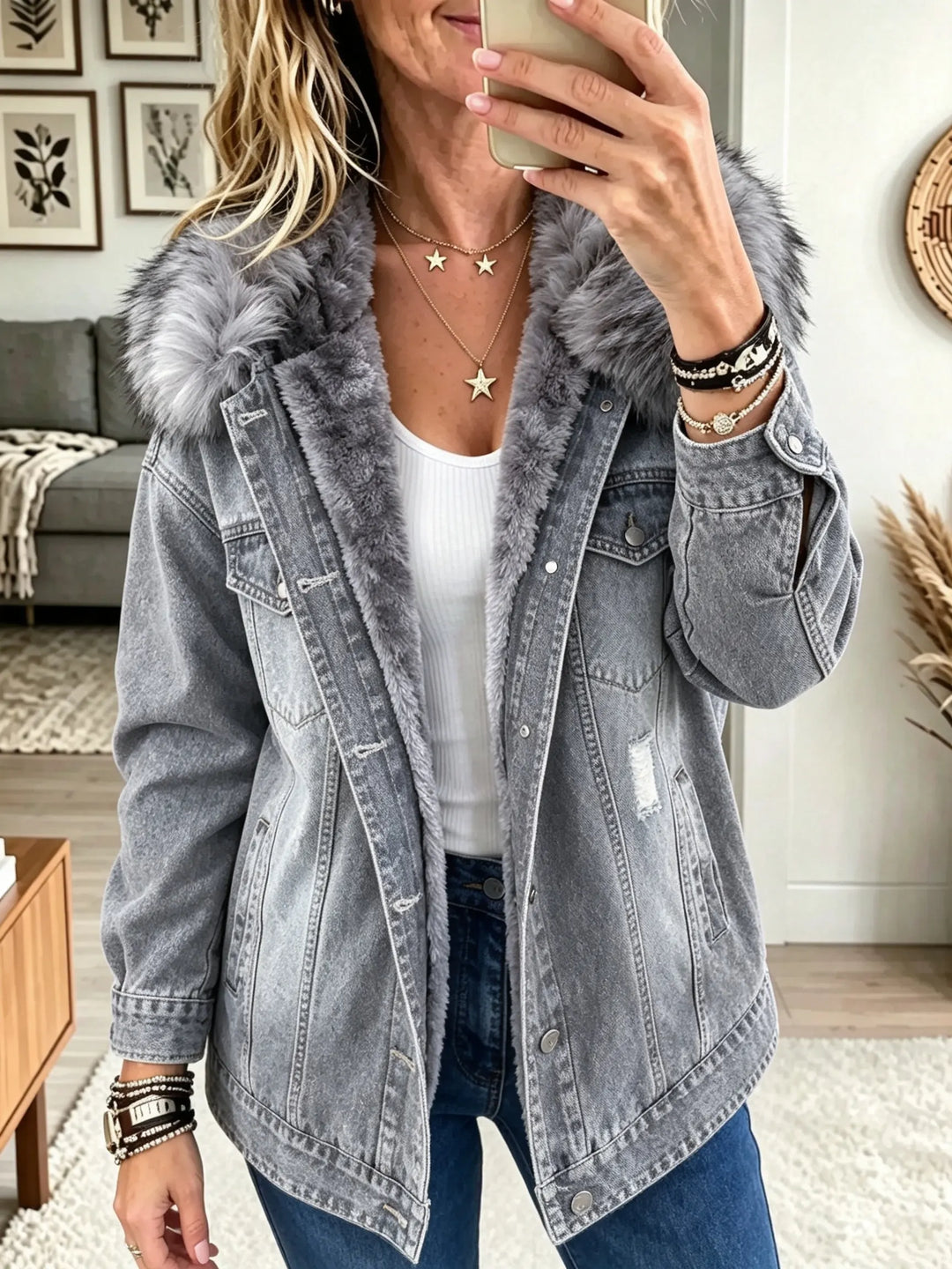 Honora | Denim Jacket with Faux Fur Collar and Fleece Lining